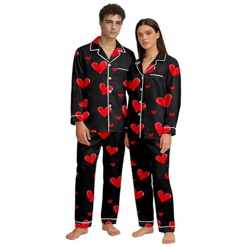 Cuban Collar Heart Print Long Sleeve Women's Set