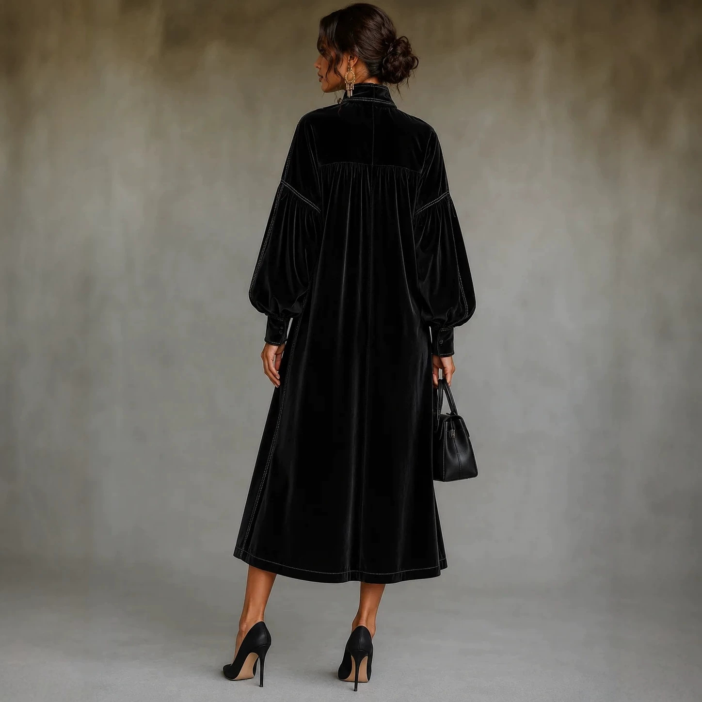 Black Velvet Bow Lantern Sleeve Loose A-Line Midi Dress