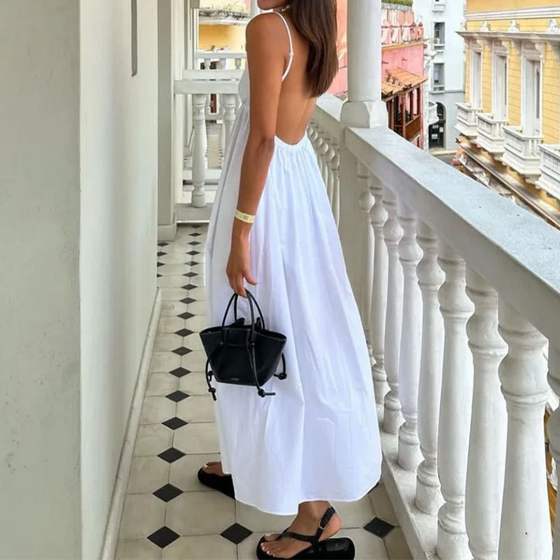 Women's Sleeveless V-Neck Open-Back Solid Color A-Line Midi Dress
