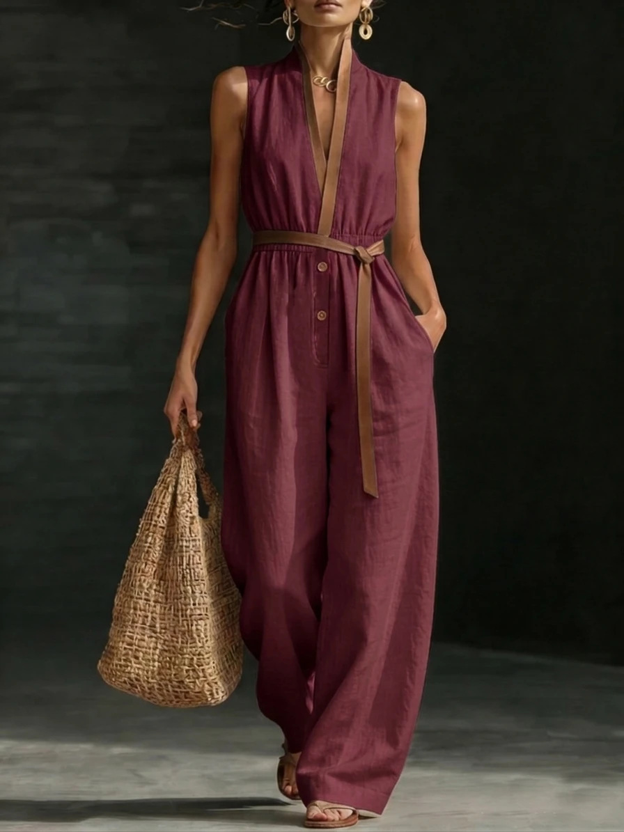 Sleeveless V-Neck Jumpsuit Women's Casual Straight-Leg