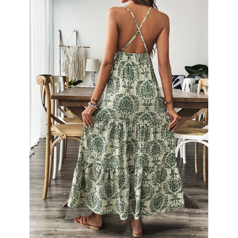 Classic Print Deep V Slip Dress Sleeveless High Waist Long