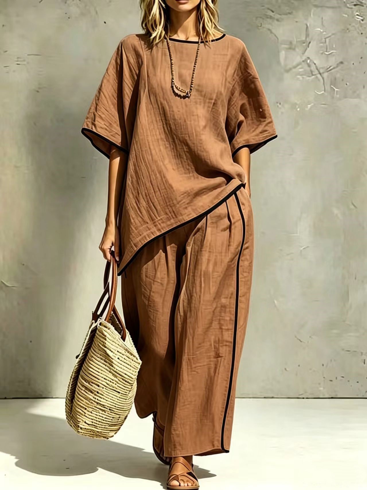 Women's Elegant Round Neck Short Sleeve Two-Piece Pant Set