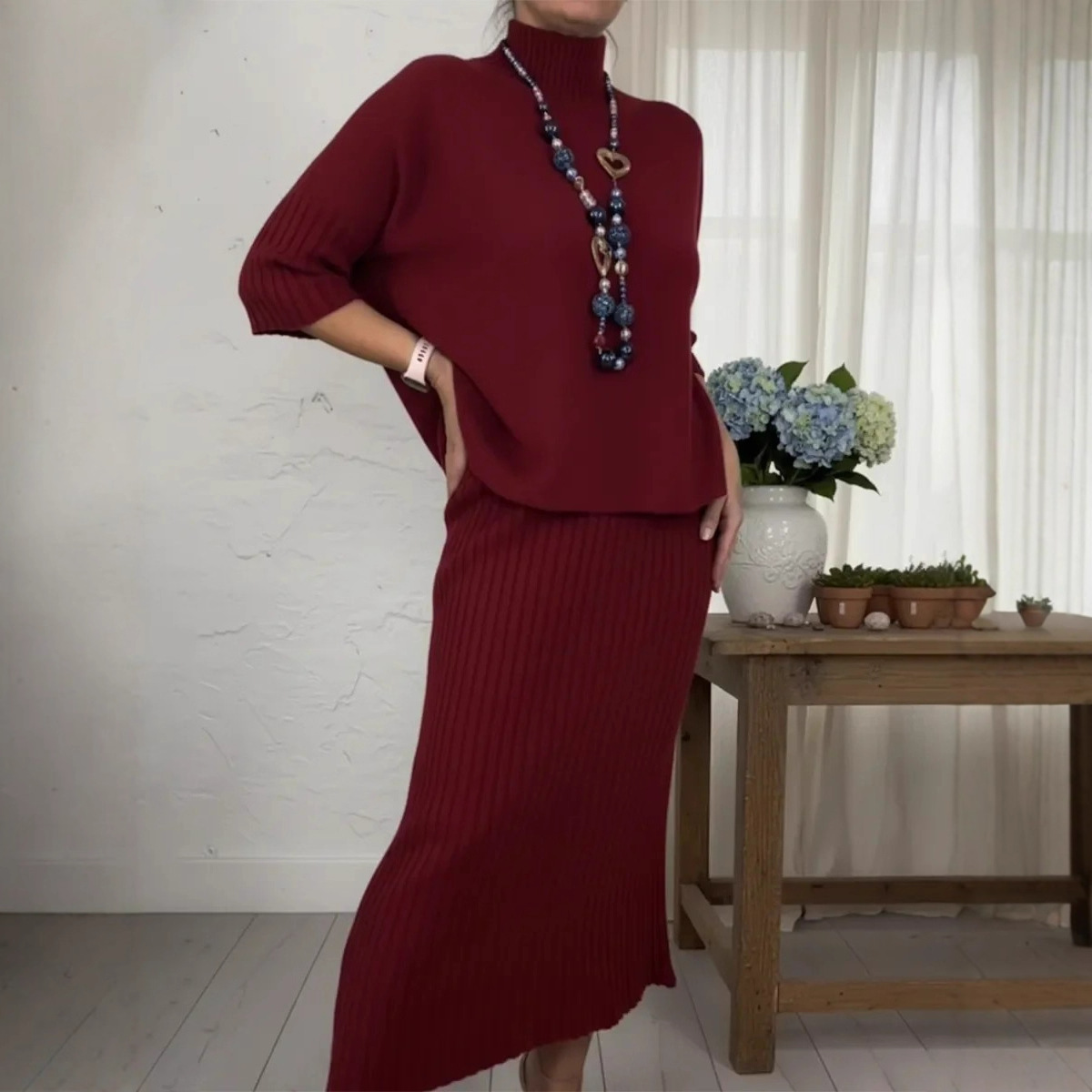 Elegant High-Neck Knit Sweater and Midi Skirt Two-Piece Set