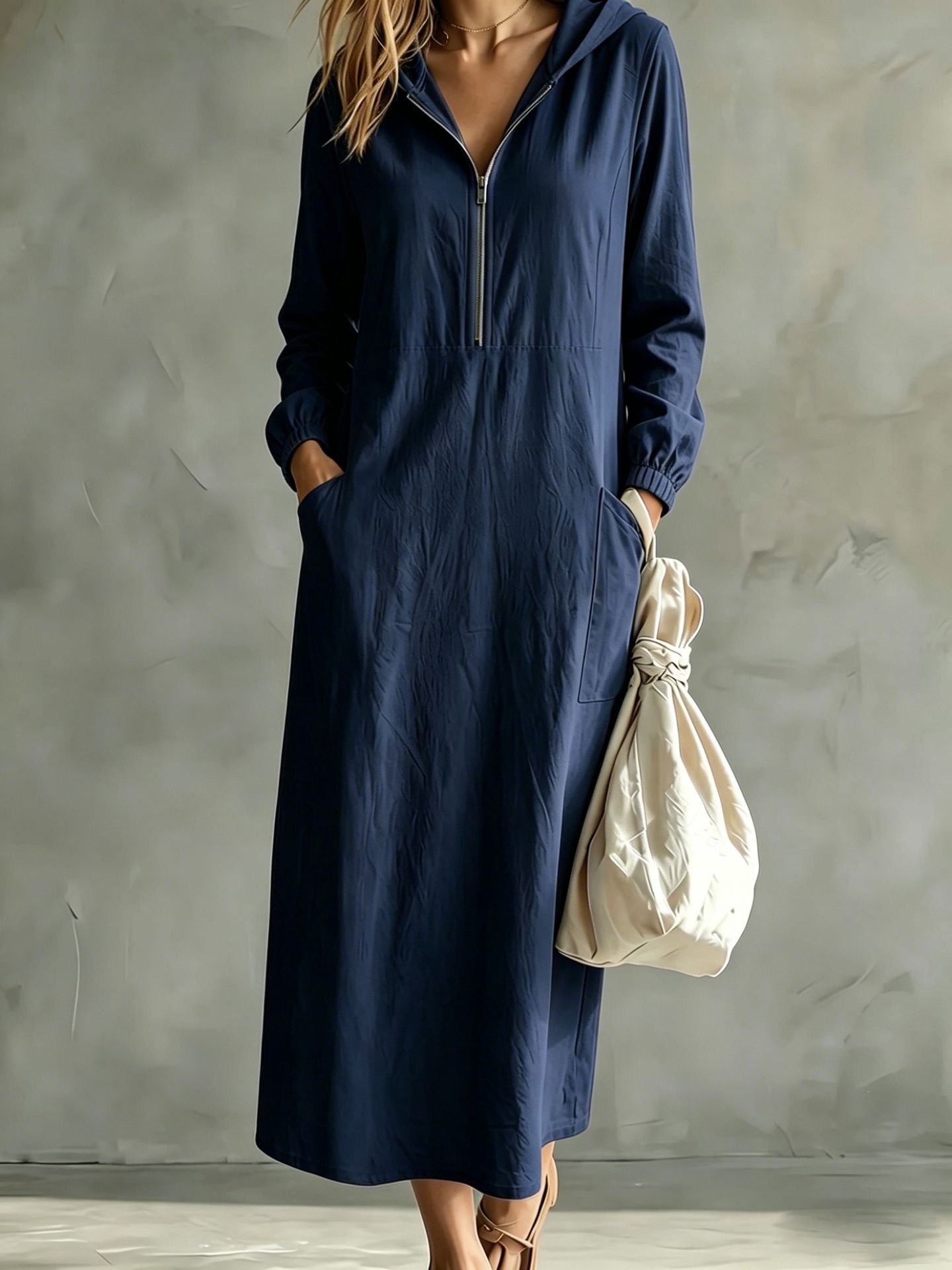 Hooded Half-Zip Long-Sleeve Cotton-Linen Maxi Dress with Cuffed Sleeves