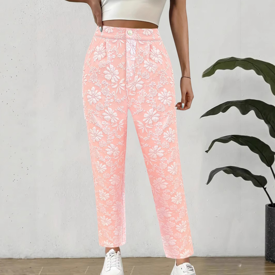 Floral Jacquard High-Waist Straight-Leg Pants with Pockets