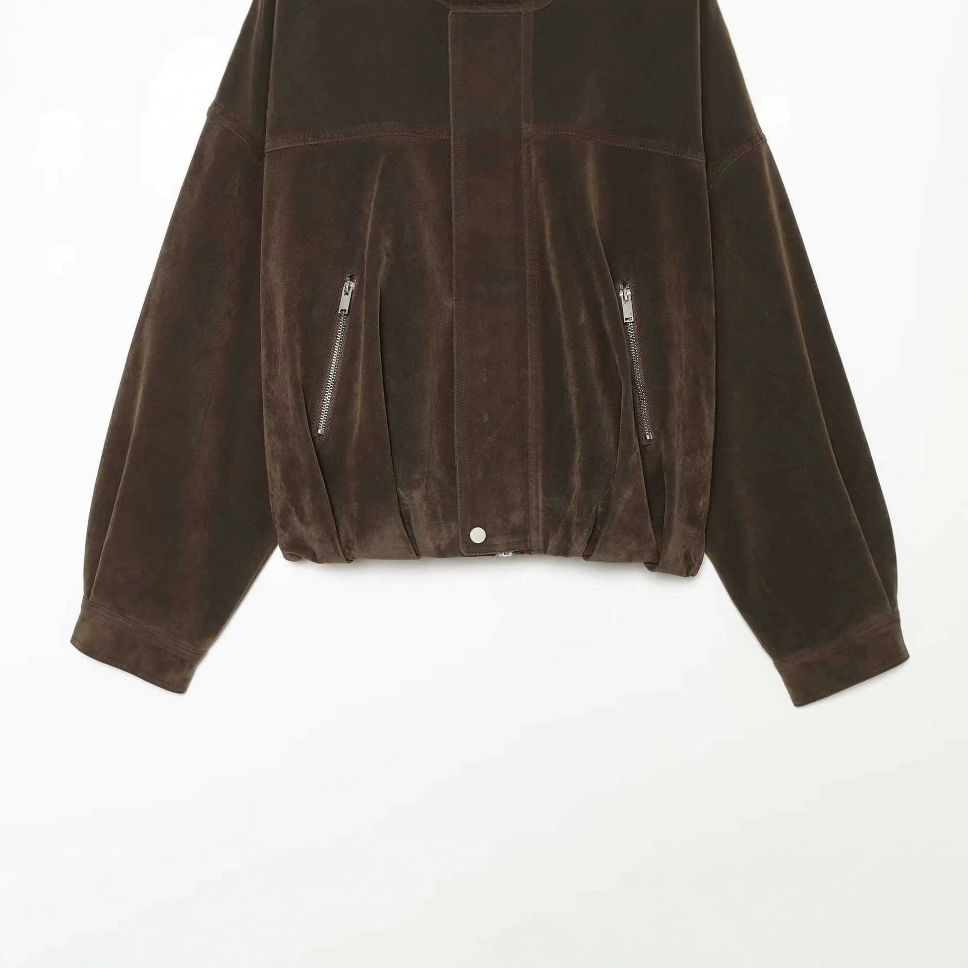 Sueded Faux Leather Bomber Jacket Women's Loose Fit Zip-Up