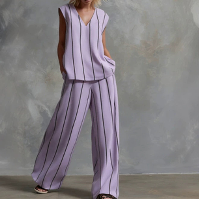 Black and White Vertical Striped Cotton-Linen Two-Piece Wide-Leg Pants Set