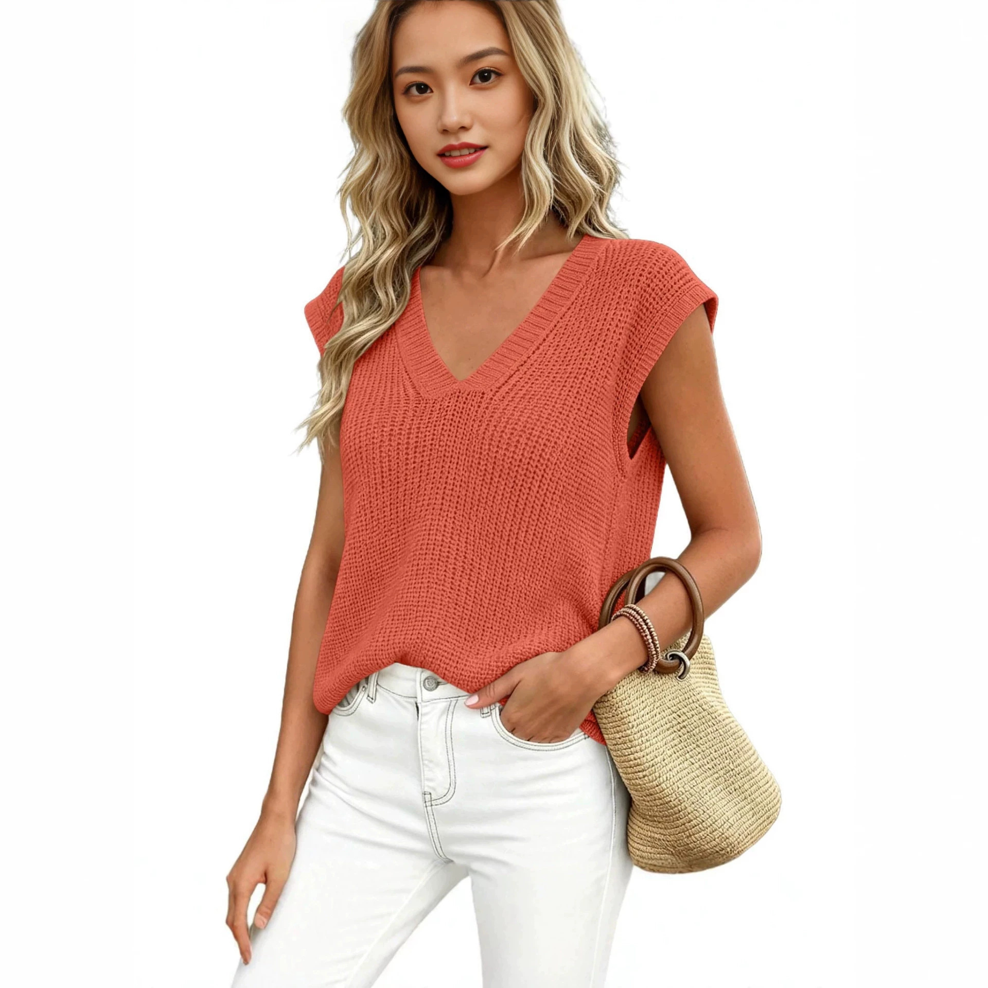 Women's V-Neck Short Sleeve Knit Top Casual Solid Color