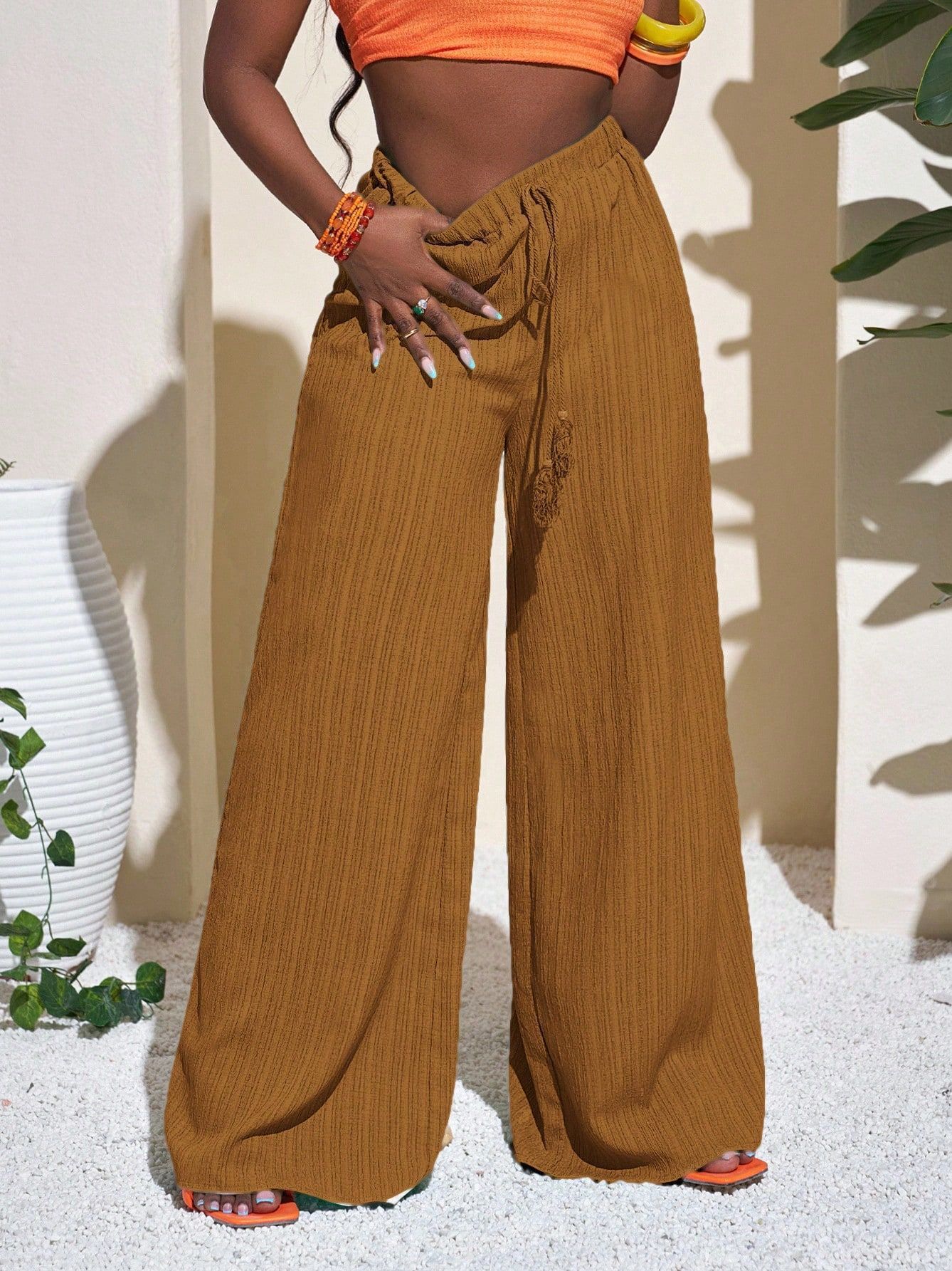 Women's High-Waist Wide-Leg Pants with Slant Pockets Solid Color Casual