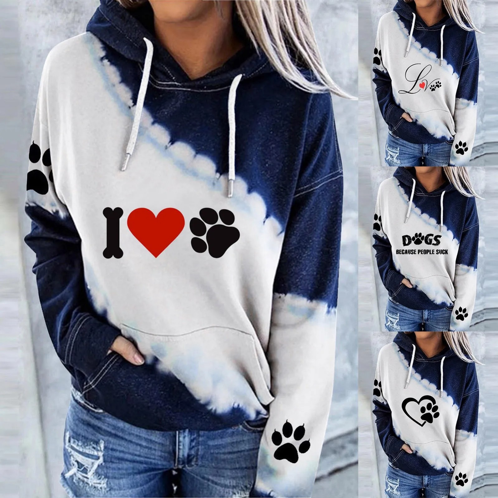 Women's Heart & Animal Paw Print Hooded Sweatshirt