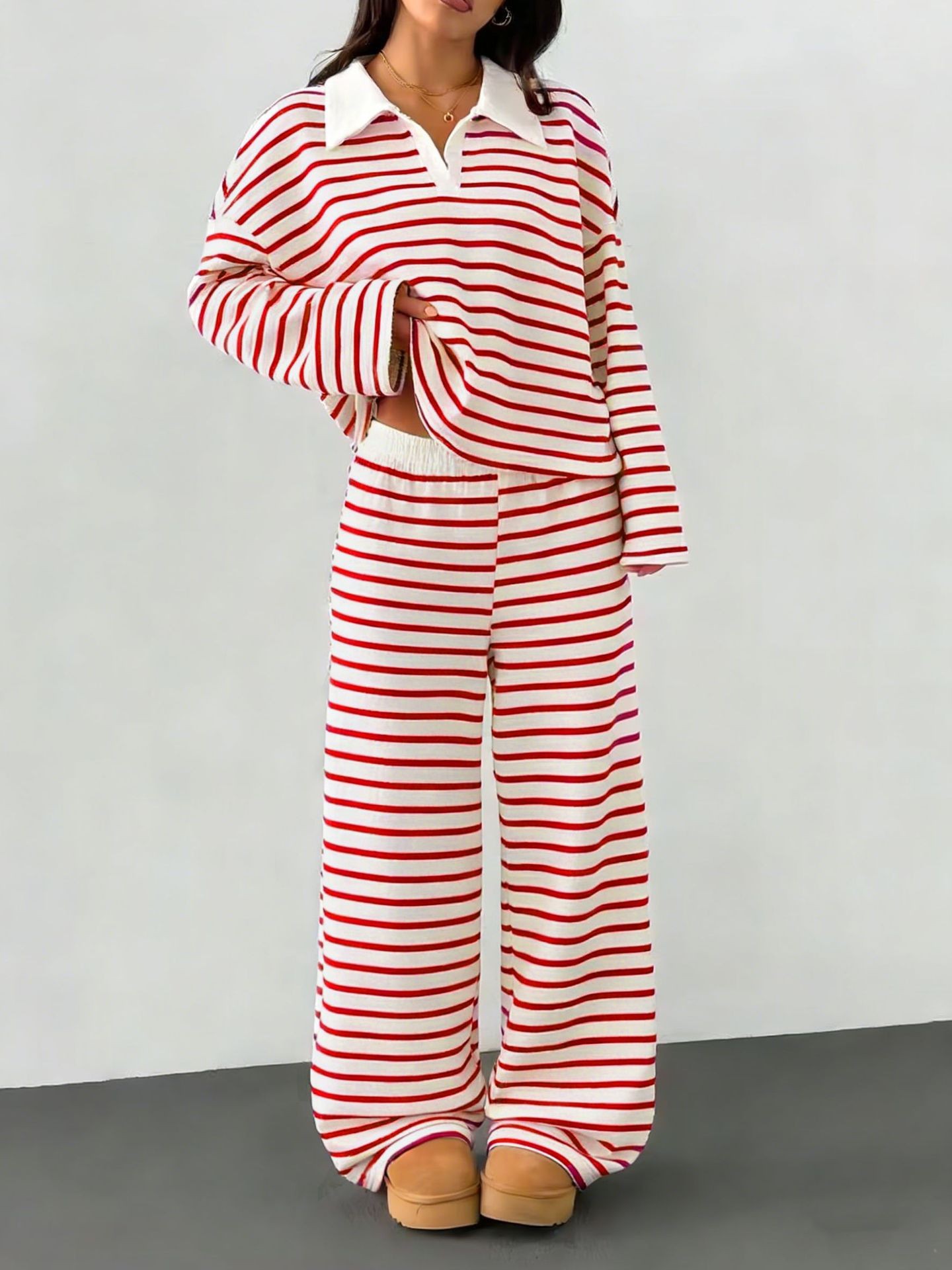 Striped Colorblock Two-Piece Set with Collared Top and Elastic Waist Pants