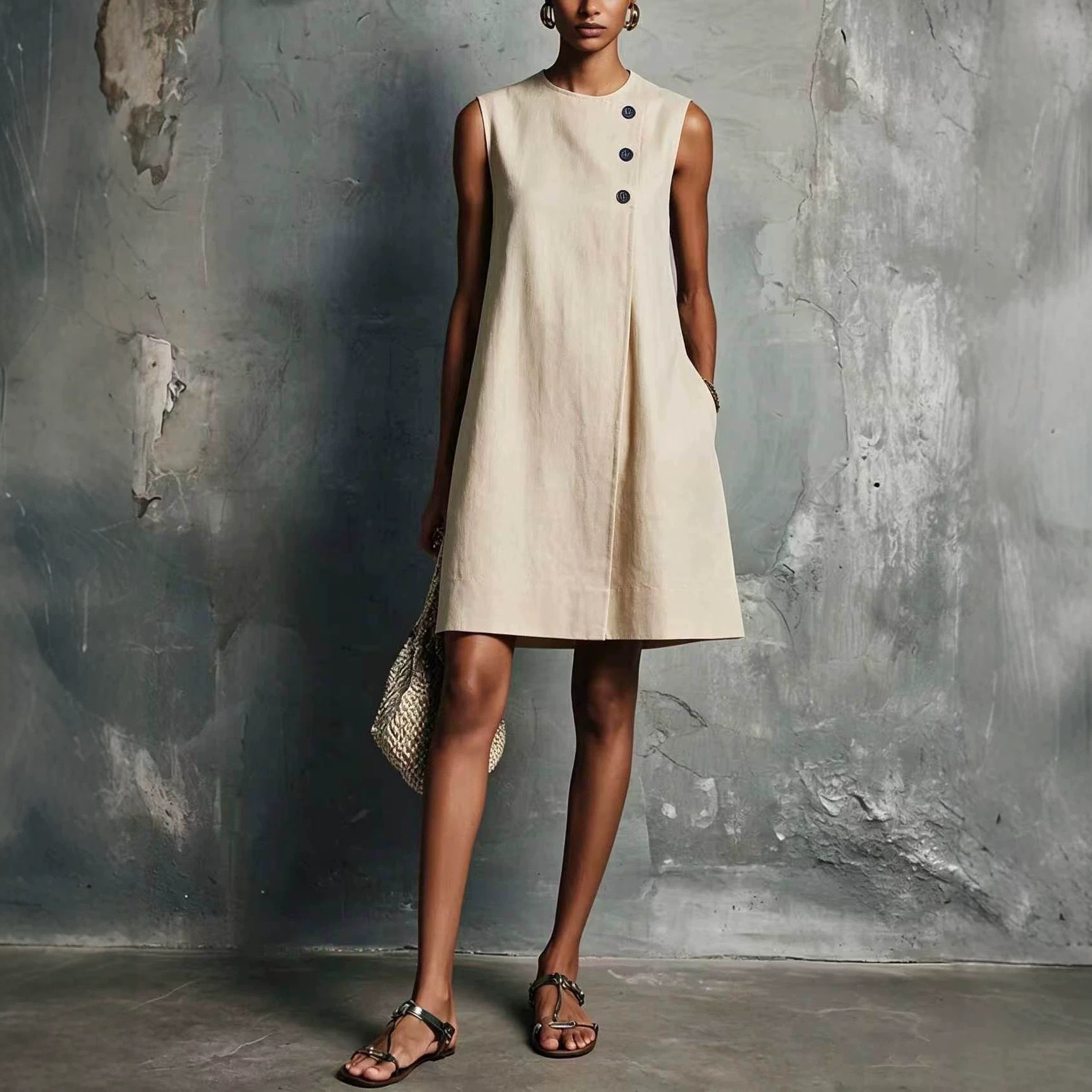Minimalist Crewneck Sleeveless Dress with Asymmetric Buttons and Side Pockets