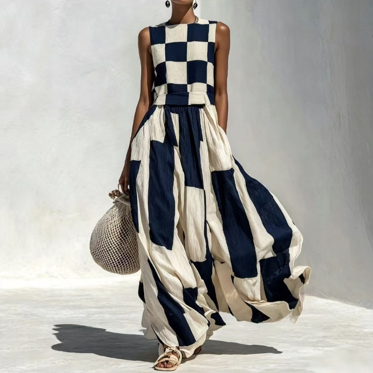 Black and White Plaid Sleeveless A-Line Maxi Dress