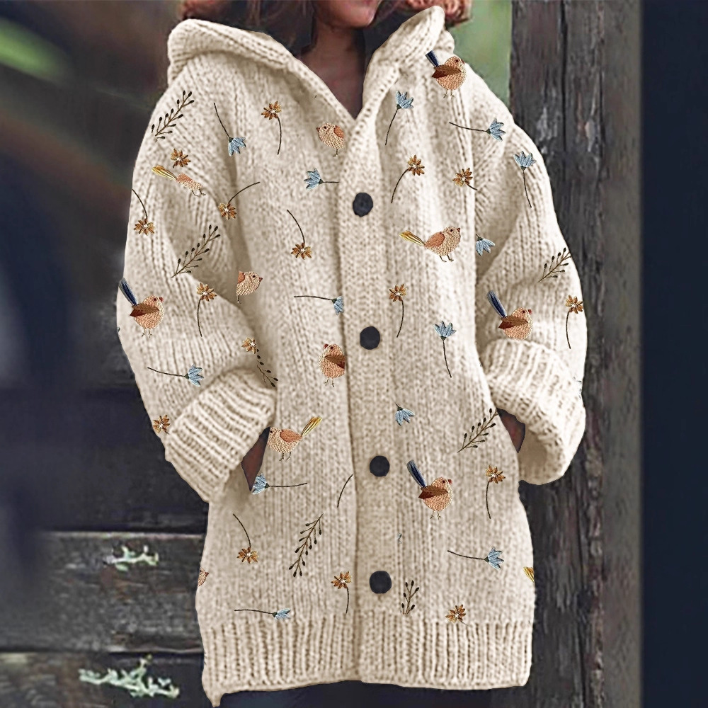 Women's Floral Ghost Print Hooded Button Cardigan Sweater