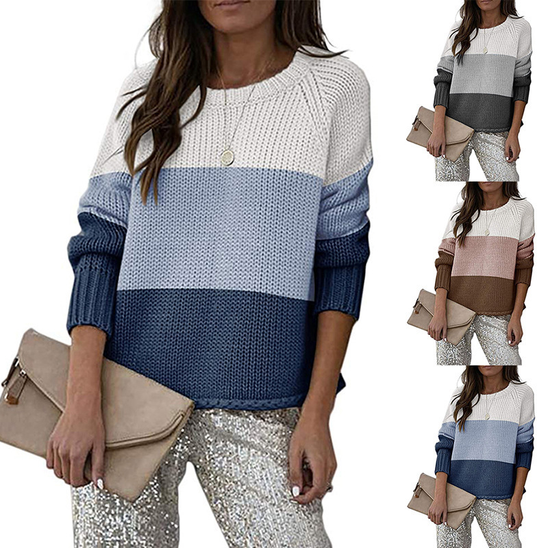 Women's Striped Crewneck Knit Sweater Plus Size Casual Pullover