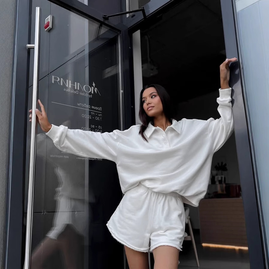 Women's Solid Color Long Sleeve Collared Loose Sweatshirt and Elastic Waist Shorts Two-Piece Set