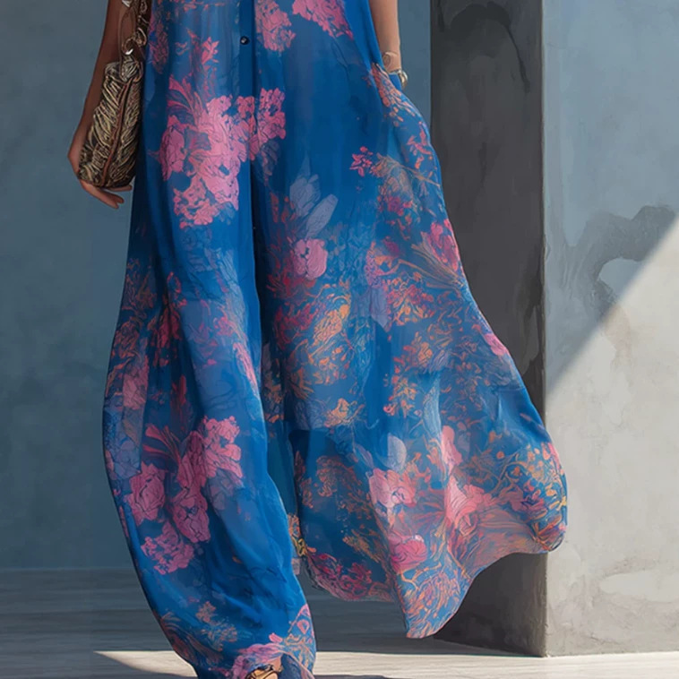 Elegant Vintage Floral Print Blue Chiffon Sleeveless Wide-Leg Jumpsuit