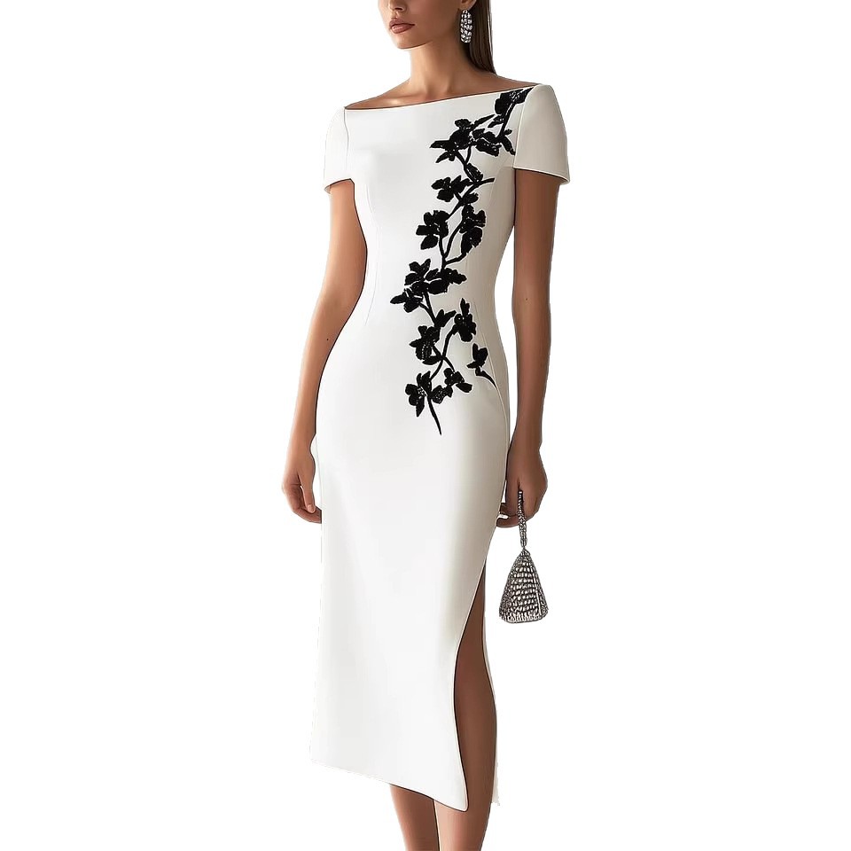 Women's Off-Shoulder Short Sleeve Digital Print Bodycon Midi Dress