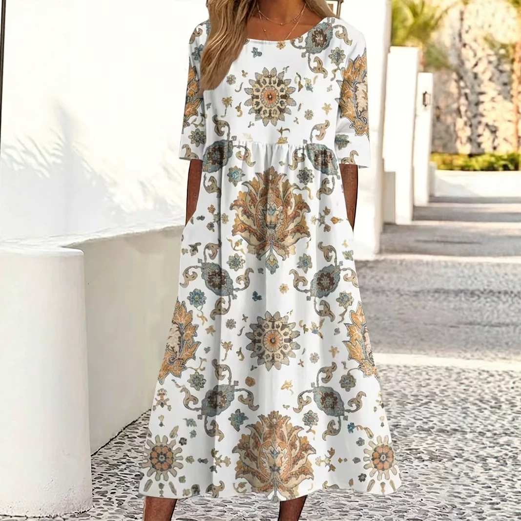 Women's Vintage Floral A-Line Midi Dress