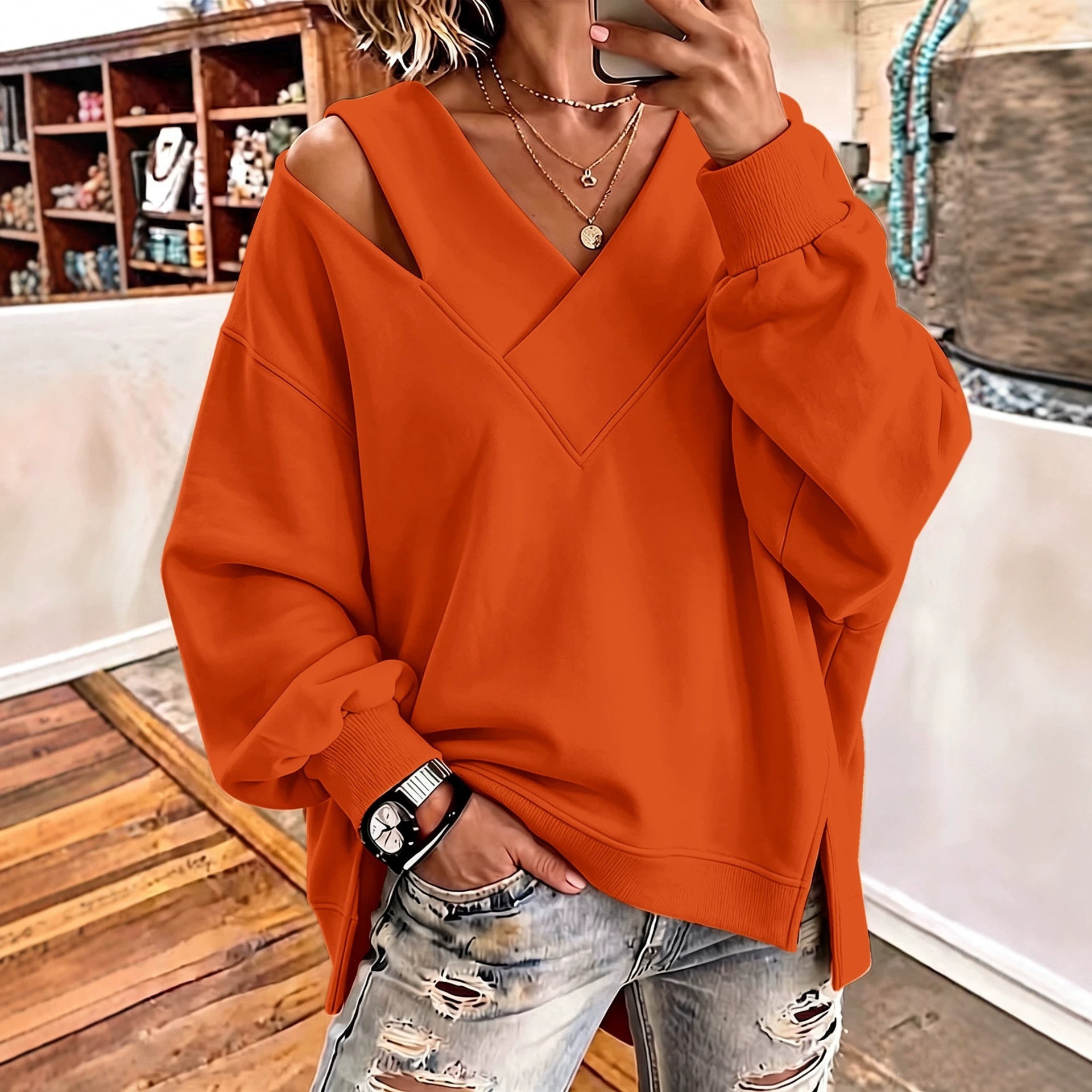 Women's Solid Cross-Neck Long-Sleeve Loose Sweatshirt