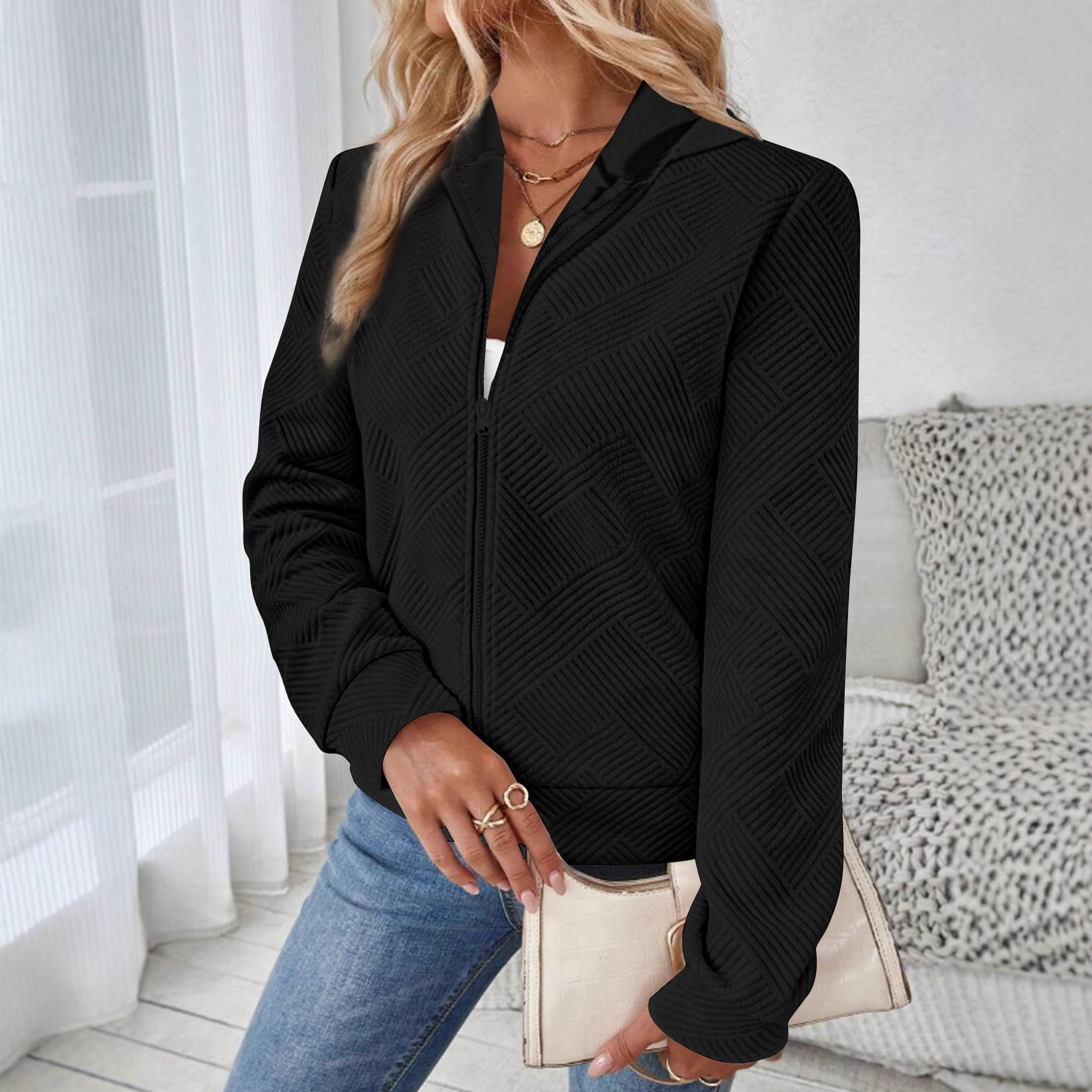 Jacquard Hooded Zip-Up Cardigan Sweatshirt Women's Casual Long Sleeve