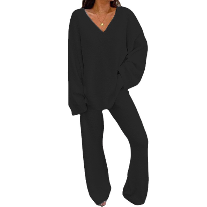 Women's Solid V-Neck Long-Sleeve Two-Piece Loungewear Set Warm Comfortable