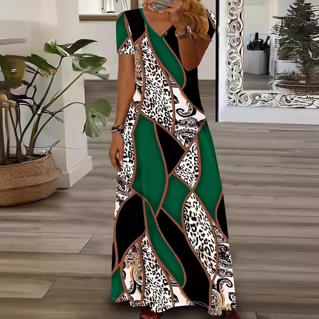 Leopard Zebra Print Patchwork V-Neck Short Sleeve Long Dress