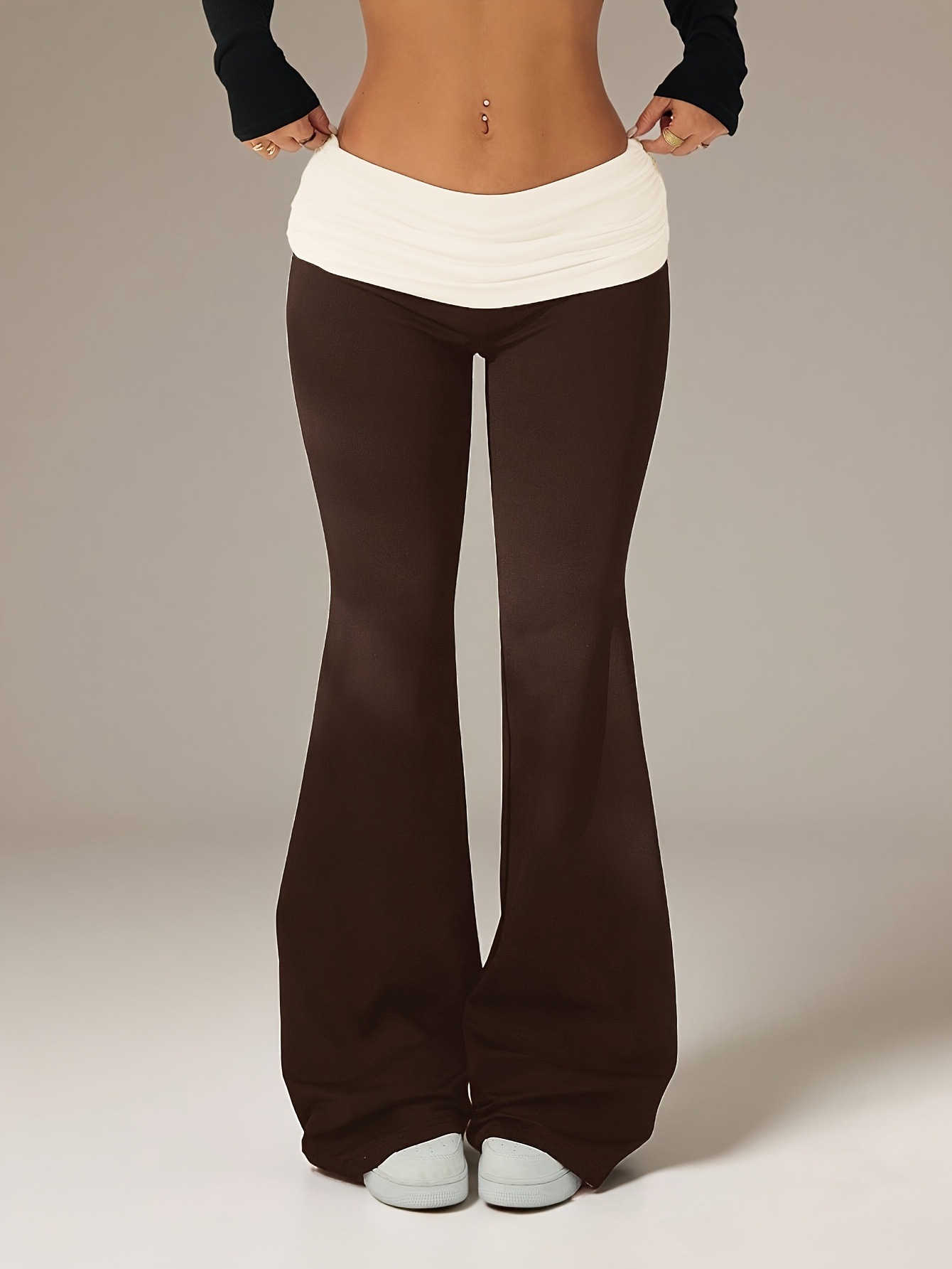 Low-Rise Fold-Over Waist Flare Pants High-Stretch Bodycon
