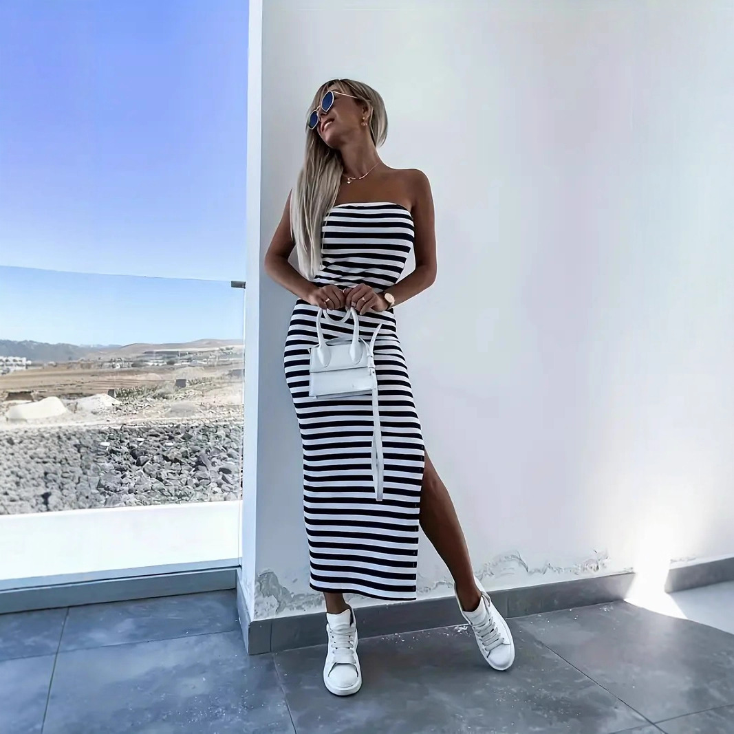 Striped Knit Strapless Bodycon Midi Dress with Slit