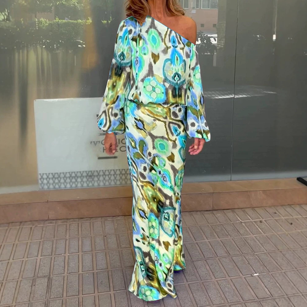 Women's Floral Print Long Sleeve Off-Shoulder Top and Mermaid Maxi Skirt Set