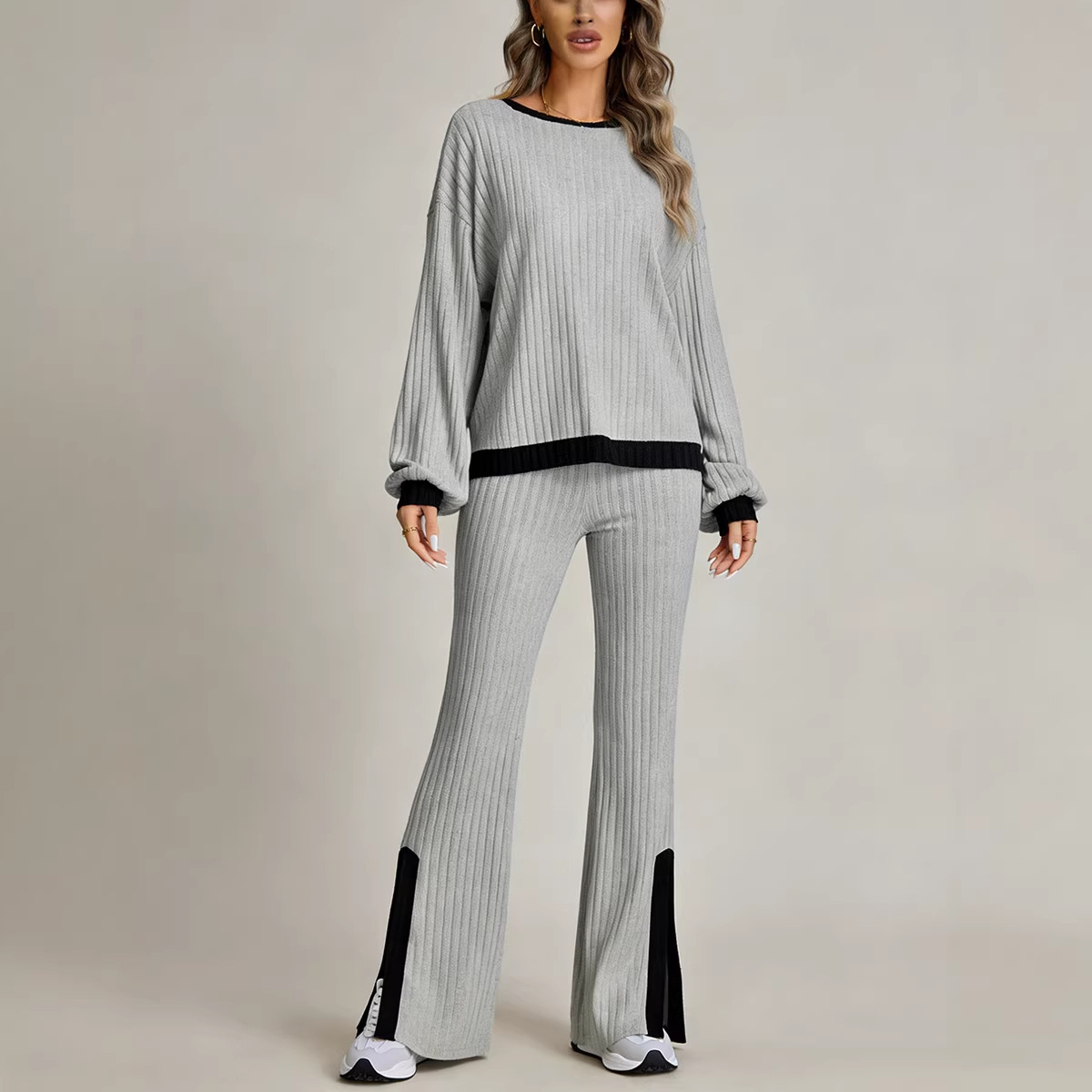 Women's Casual Crewneck Long-Sleeve Sweatshirt and Wide-Leg Pants Two-Piece Set
