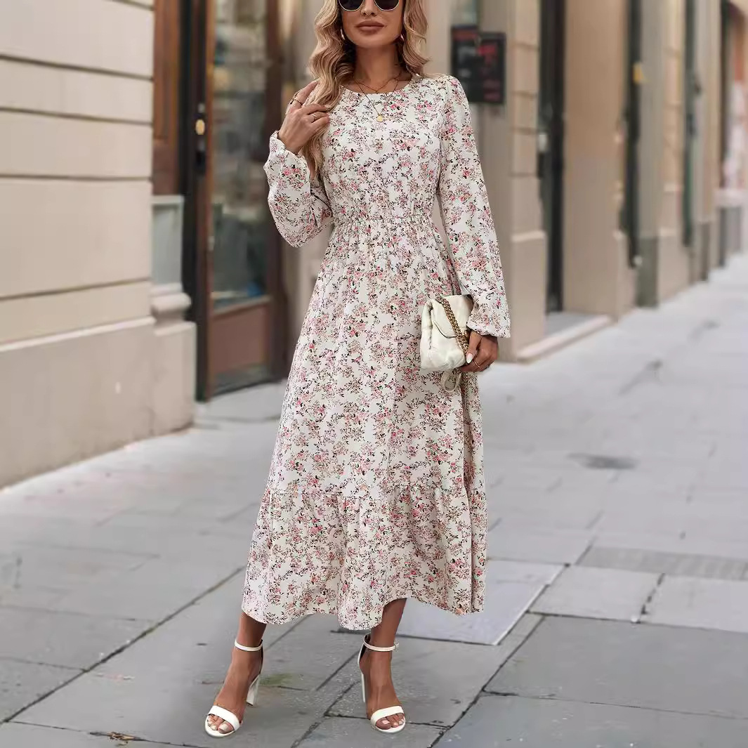Women's Floral Print Round Neck Long Sleeve Ruffle Dress