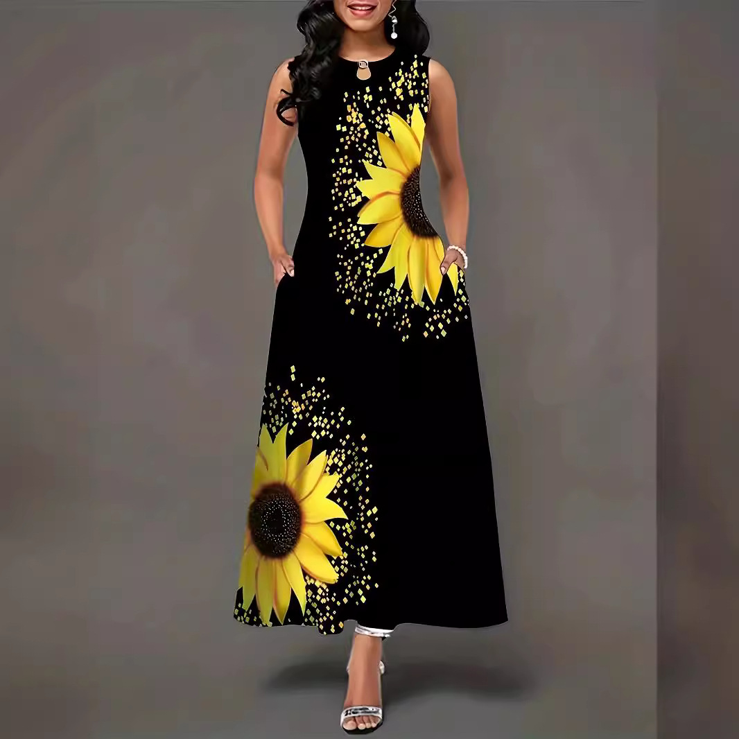 Women's Sleeveless Bohemian Maxi Dress with Placement Print and Flared A-Line Skirt