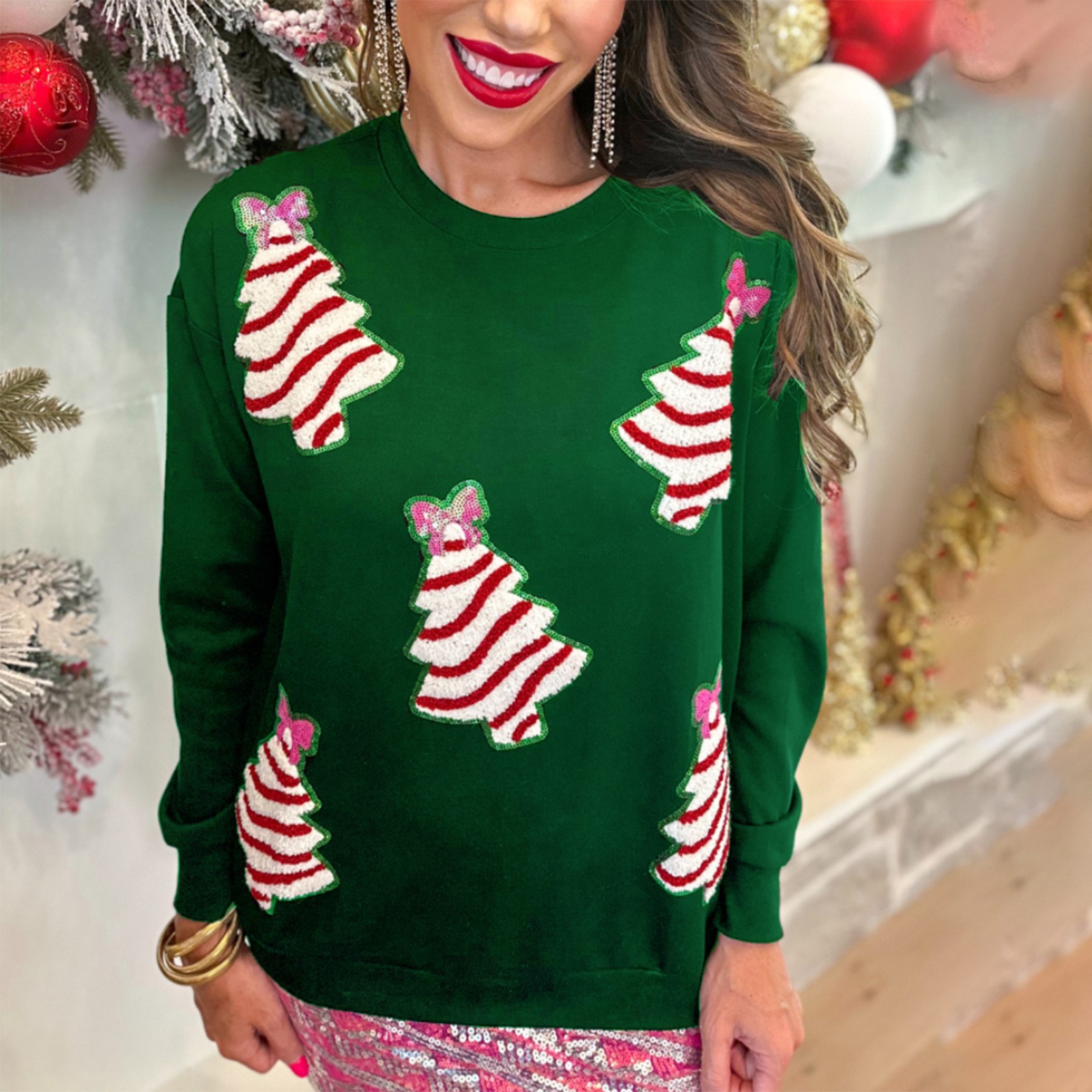 Sequin Christmas Tree Crewneck Loose Sweatshirt