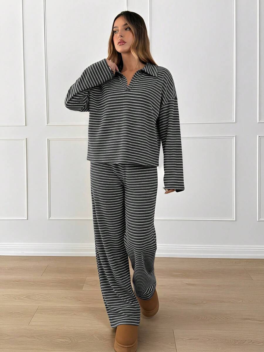Color-Block Striped Collared Long-Sleeve Top & Wide-Leg Pants Loungewear Set