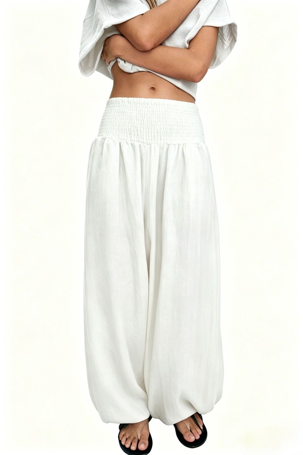 2026 Amazon New Hot-Seller Cross-Border Women's High-Waist Smocked Solid Color Cotton-Linen Fashion Casual Lantern Pants Wide-Leg Women
