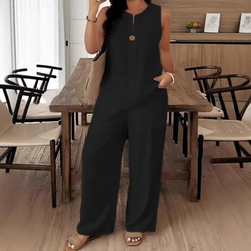 Women's Solid Color Sleeveless Tank Top & Wide-Leg Pants Cotton-Linen Two-Piece Set