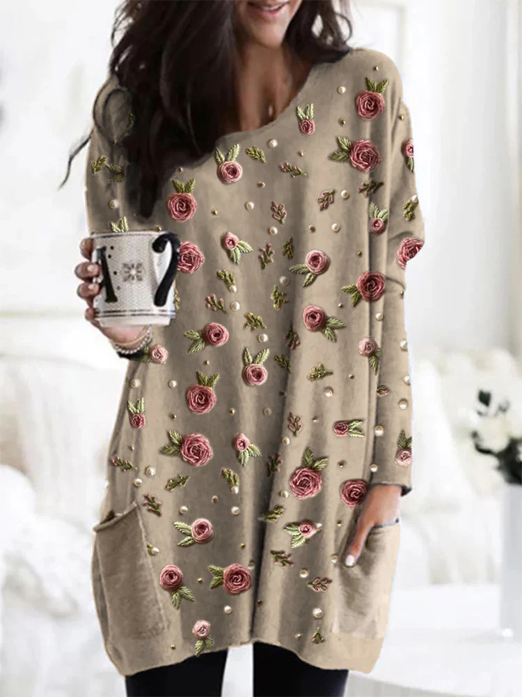 Women's Animal Print A-Line Midi Dress Long Sleeve Crew Neck Casual