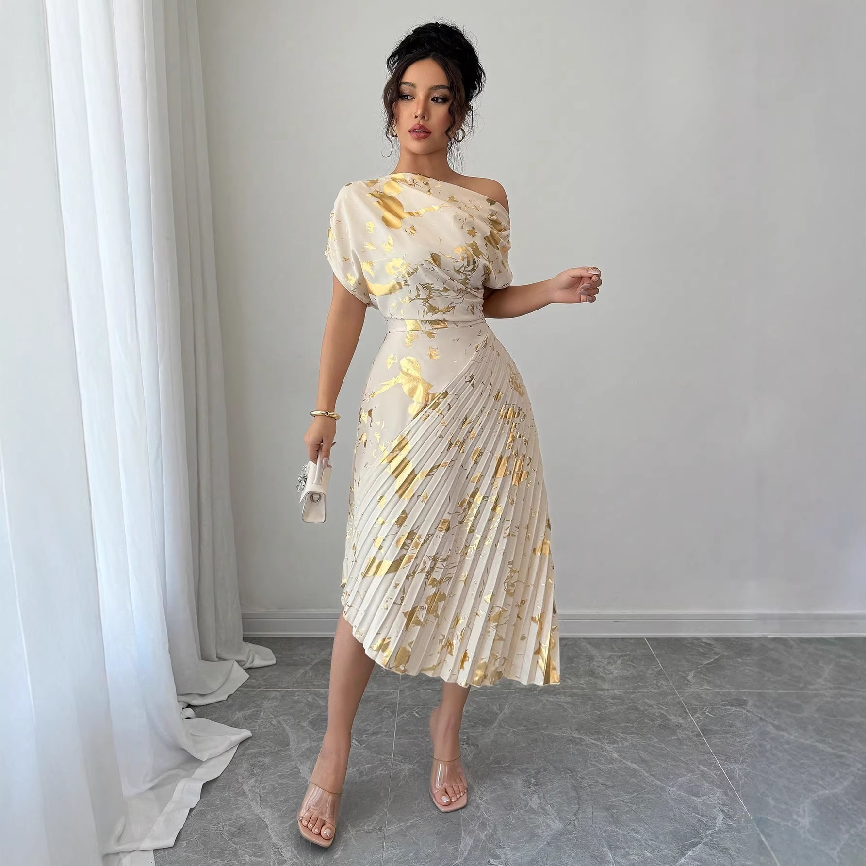 Women's One-Shoulder Dress with Gold Foil Floral Print, Short Sleeve, Cinched Waist, Asymmetric Pleated Midi