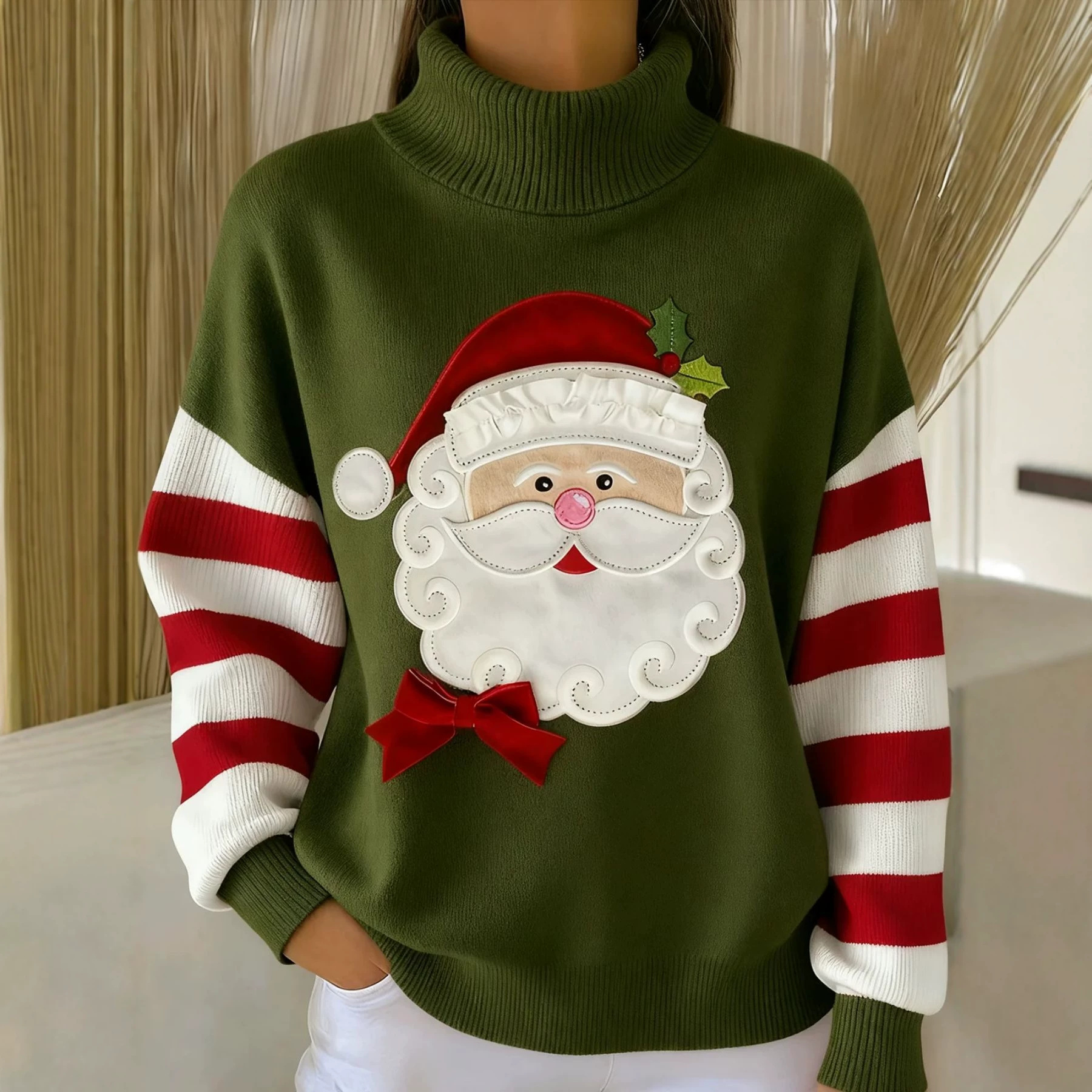 Women's Christmas Santa Striped Print Turtleneck Sweater