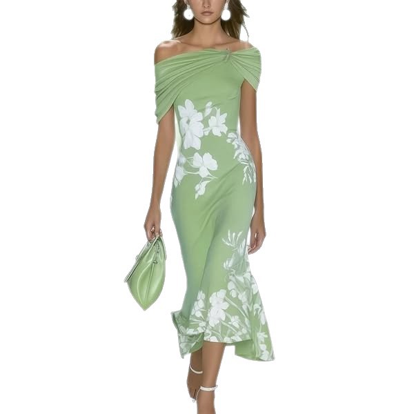 Women's One-Shoulder Digital Print Short Sleeve Bodycon Midi Dress