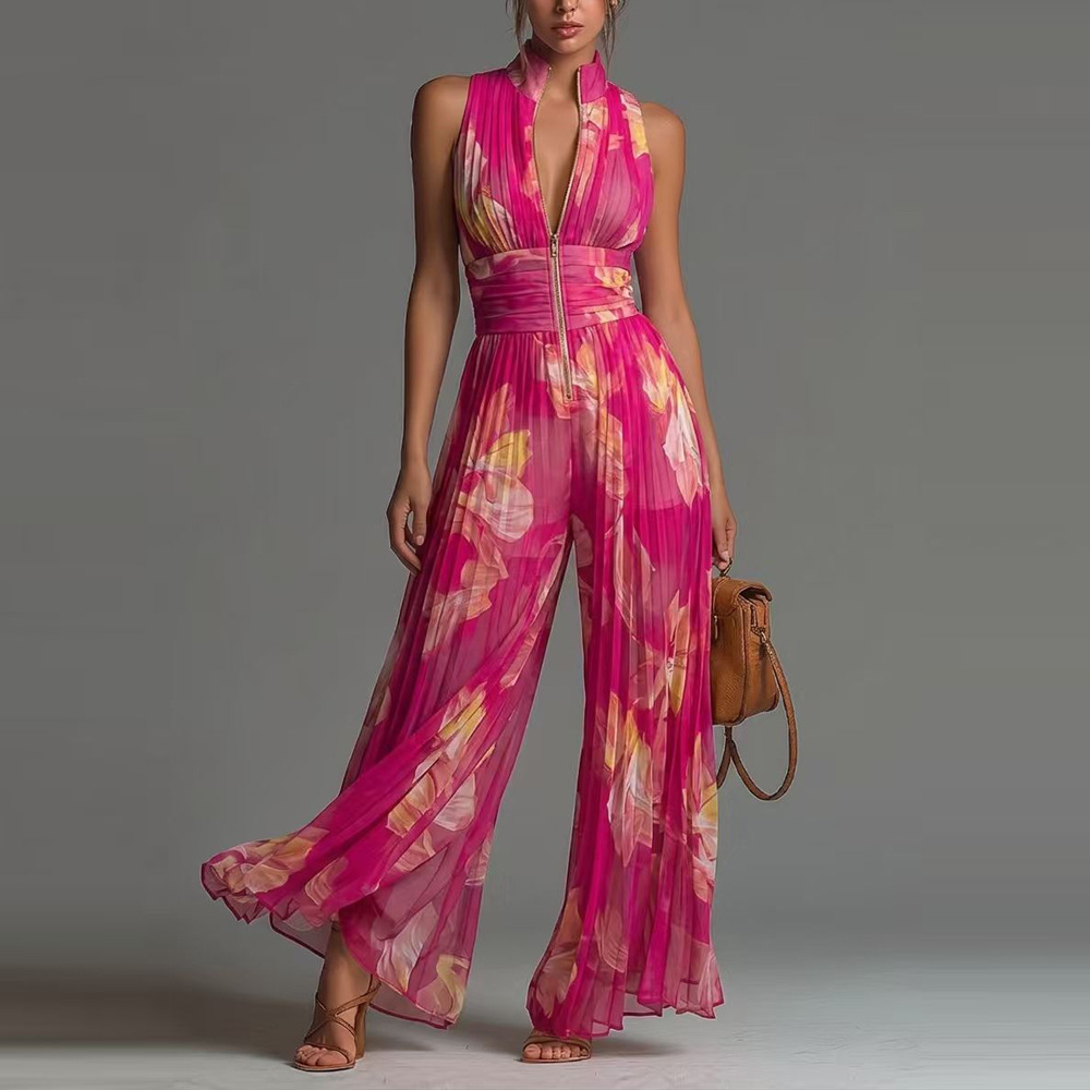 Women's Pleated Halter Wide-Leg Jumpsuit