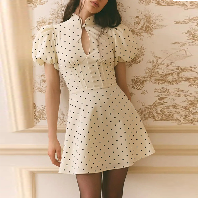 Women's Polka Dot Lantern Sleeve A-Line Mini Dress with Waist