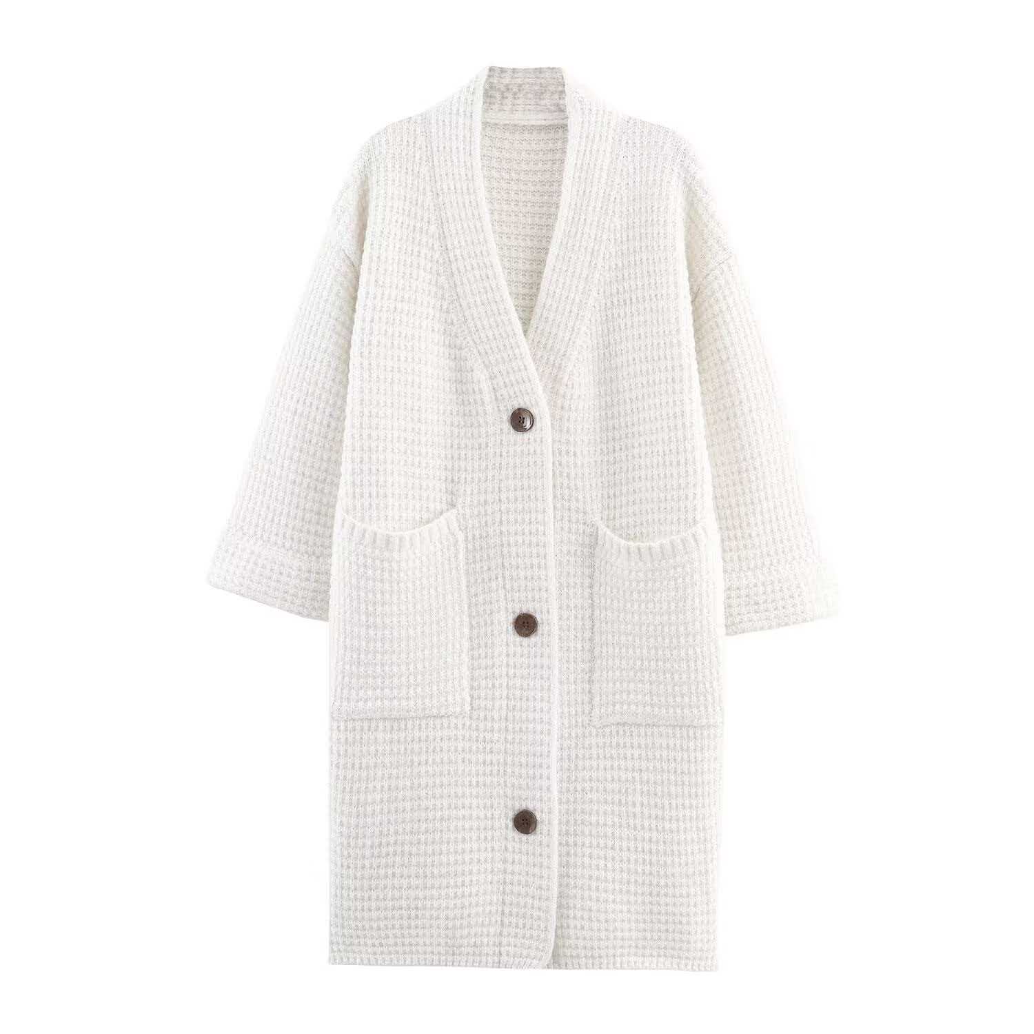 Women's Long Over-Knee Knit Cardigan V-Neck Button Front Solid