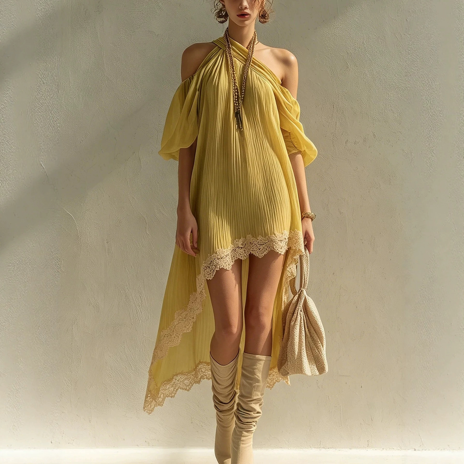 Yellow Halter Neck Ruched Asymmetric Lace Panel Vacation Midi Dress