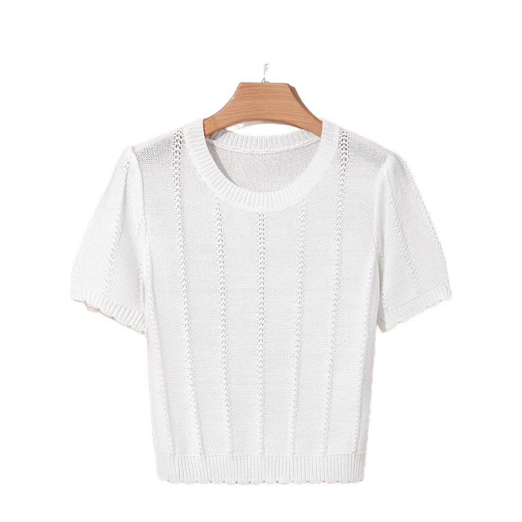 Sweet French Round Neck Hollow Out Knit Short Sleeve Top