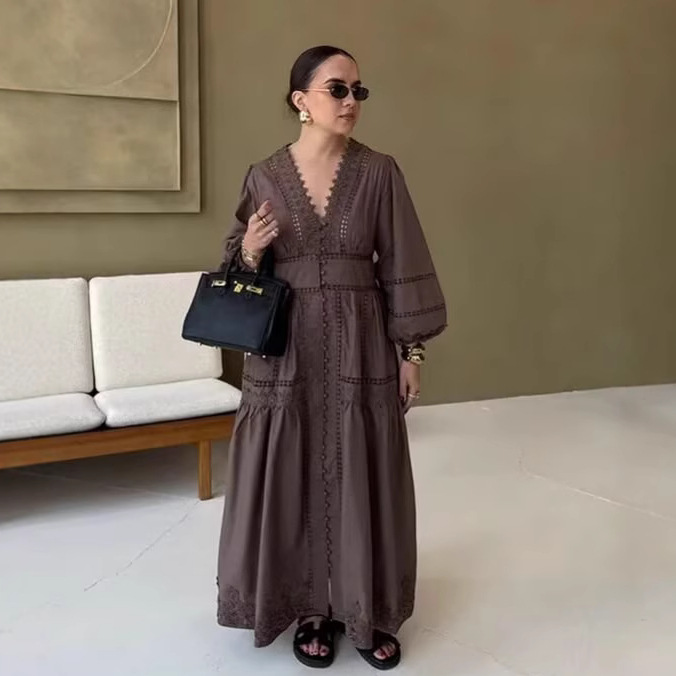 Two-Tone Embroidered Cutout Long Dress