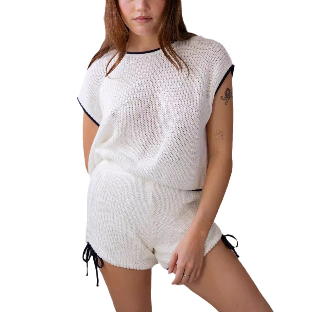 Women's Summer Knit Two-Piece Set with Round Neck Loose Top and Tie-Waist High-Waist Shorts