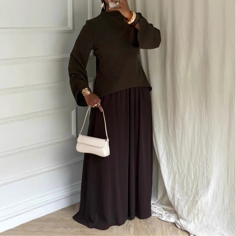 Solid Long-Sleeve Top and Lined Midi Skirt Two-Piece Set