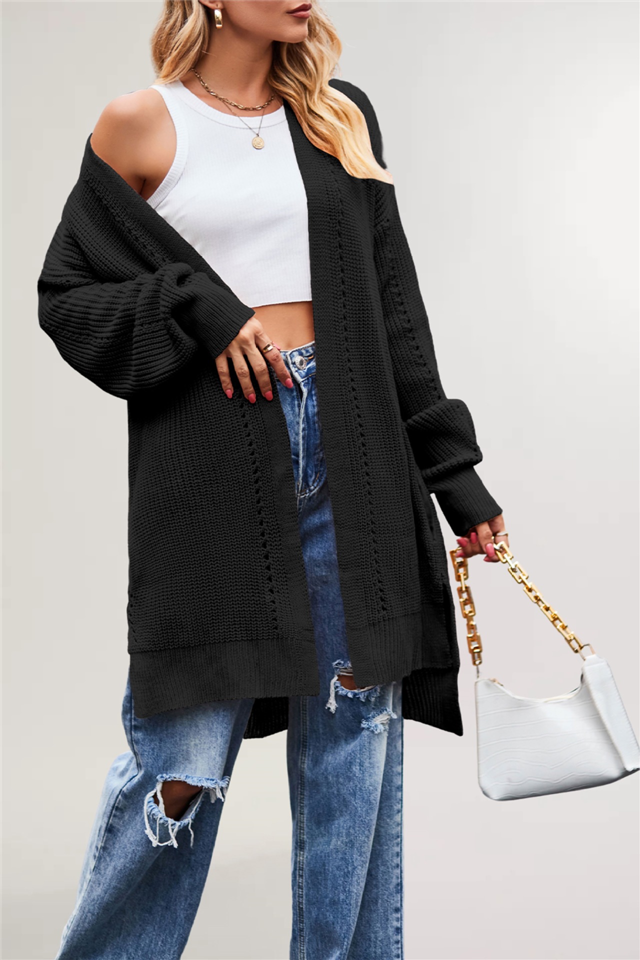 Women's Solid Color Loose Knit Cardigan with Pockets